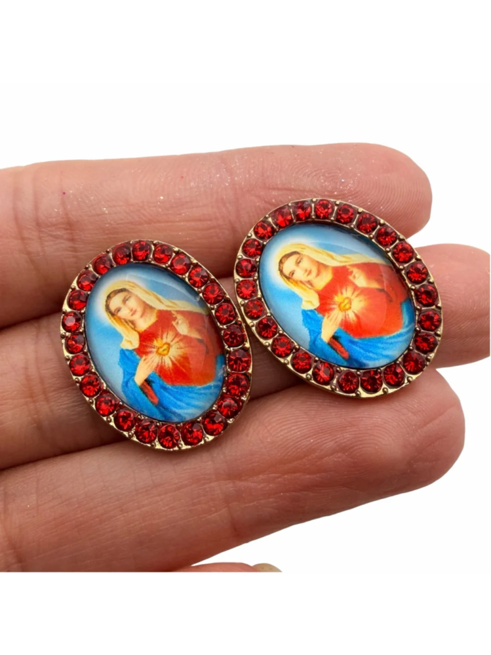 Sacred Heart of Mary Red Rhinestone 1” Oval Stud Earrings Gold Tone Catholic